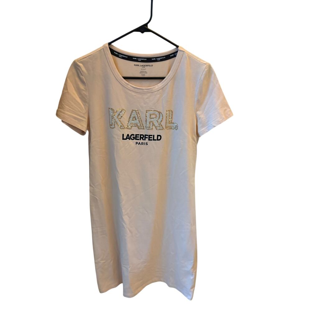 Karl Lagerfeld Paris Logo T Shirt Dress Small Blush Rhinestone Short Sleeve